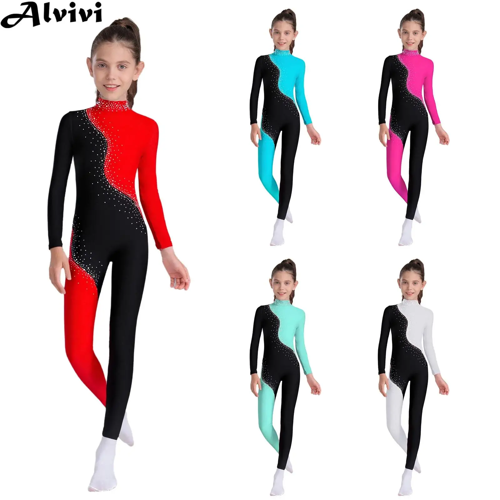 Children Girls Figure Skating Ballet Dance Gymnastics Acrobatics Leotard Long Sleeve Shiny Rhinestone Bodysuit Yoga Jumpsuit