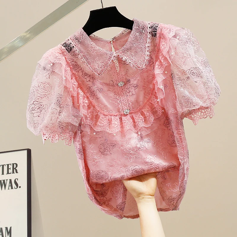 

Модный женский топ с объемными рукавами, вышивкой, кружевными вставками и воротником-стойкой, трендовый дизайн