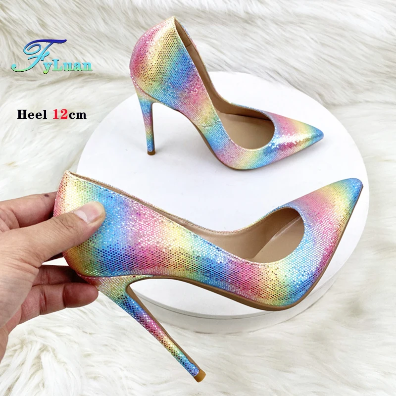 2024 Shiny Sequined Cloth Rainbow Colorful Women Pumps High Heels Mixed Colors Ladies Shoes 8cm 10cm 12CM Shallow Party Stiletto