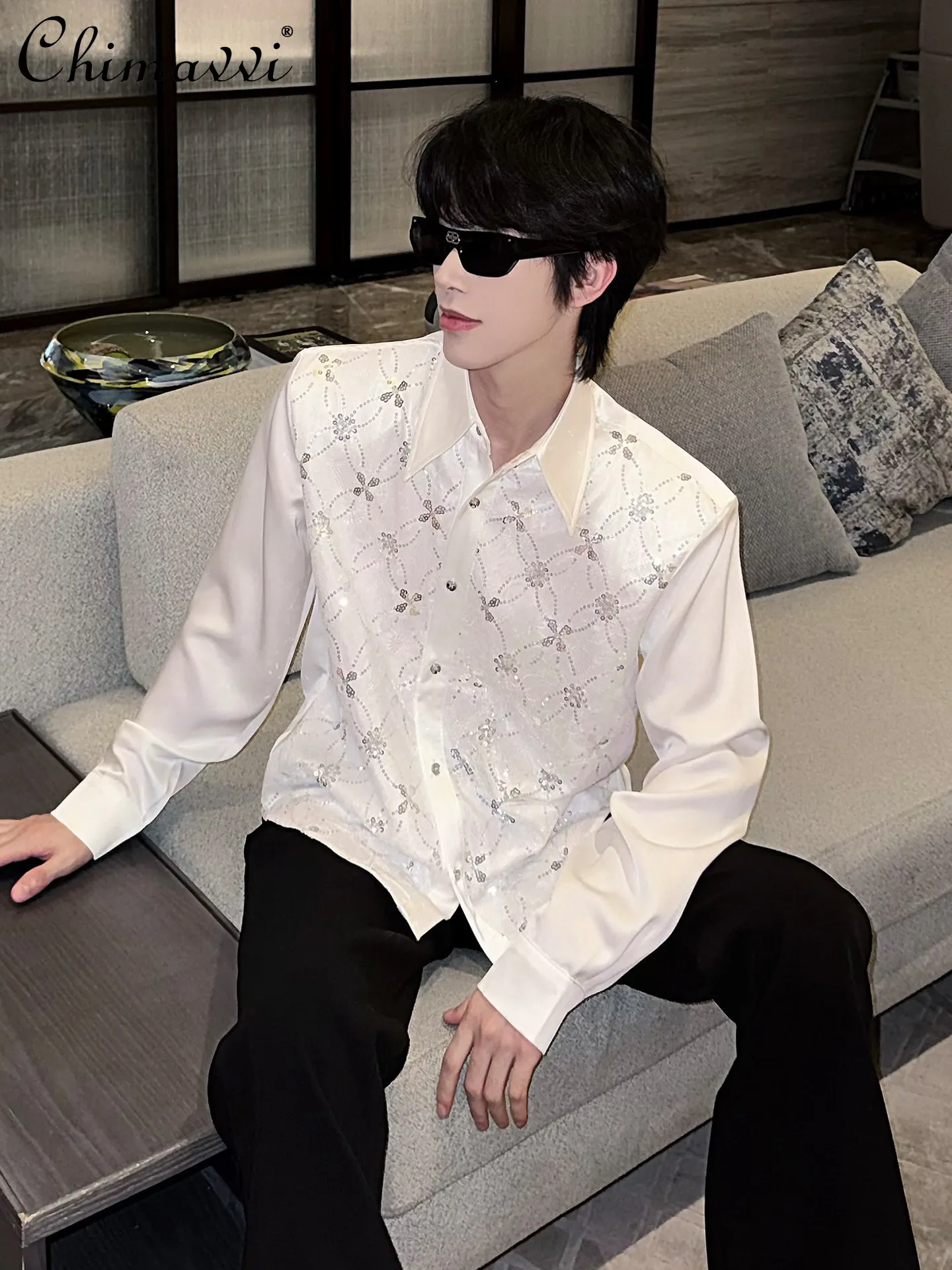 

2026 Spring/autumn New High-end Sequin White Shirt for Men Fashionable Lace Trim High-end Elegant Long-sleeve Blouse Tops