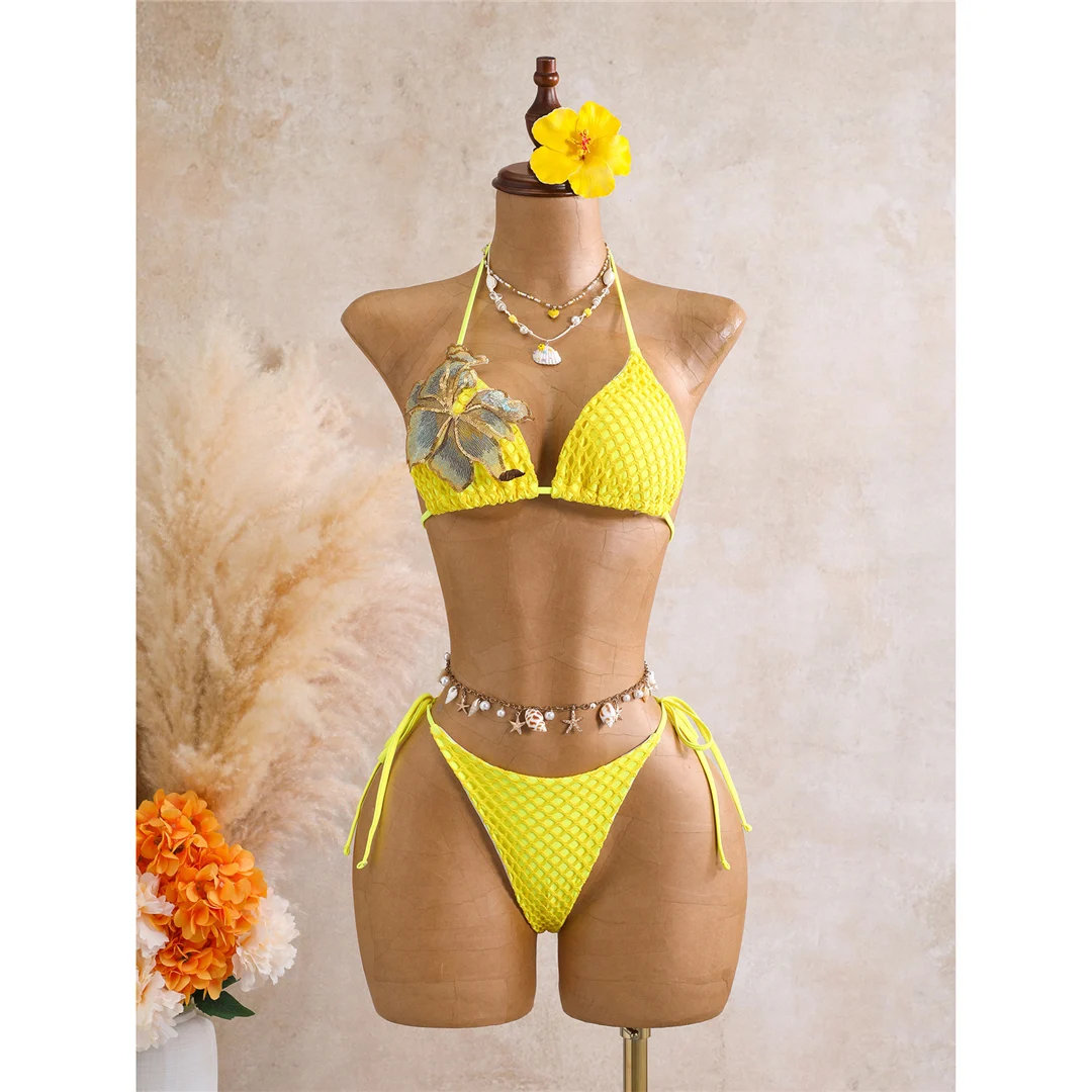 Mit Rock 3D-Blumen-Halter-Bikini Damen-Badebekleidung, dreiteiliges Bikini-Set, gepolsterter Badeanzug, Badebekleidung, Schwimmen V8346 – Detail 15