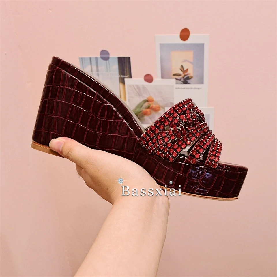 Genuine Leather Wedges Lazyman Mules Lady Sexy Open Toe Crystal Rhinestone High Plarform Slingbacks Summer Sandals Women