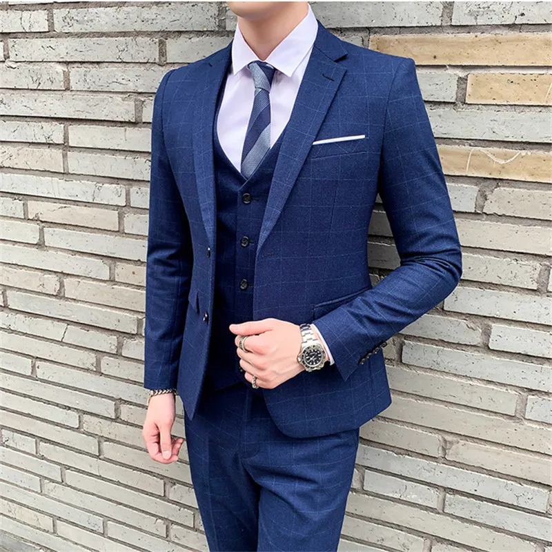 

(Blazers + Pants + Vest) Men Business Social Plaid Suit Slim Fit Dress Men Groom Wedding Prom Party Tuxedo 3 Piece Set