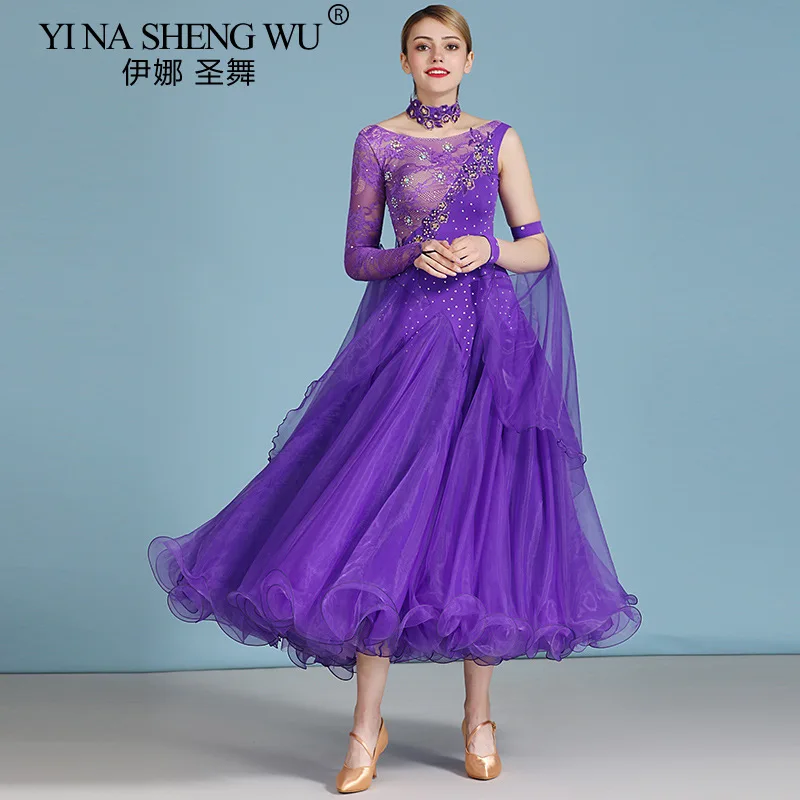 

Кружевное цветочное бальное платье для соревнований для женщин, вальс, стандартное танцевальное платье для соревнований, женская тренировочная одежда, длинное платье со стразами