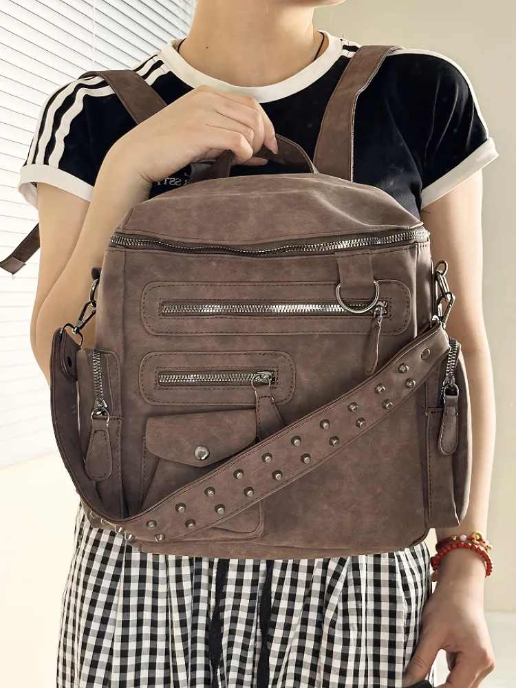 Retro Distressed Faux Leather Women Backpack Multi Zip Pockets Rivet Decor Wide Strap 3Way Wear Handbag
