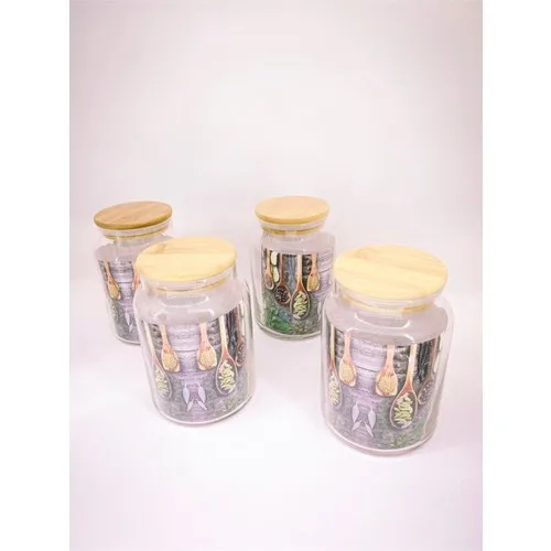 Heart Bamboo Cap Vacuum Borosilicate Glass Jar 800ML 4 Pcs