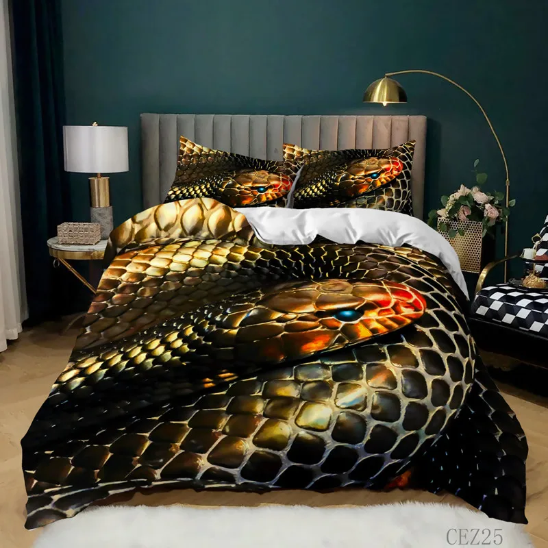 Snake Duvet Cover 3D Reptile Print Bedding Set Queen Size For Kids Adults Living Room Decor Green Snake Cobra Comforter Cover