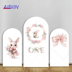 Bunny One Birthday Arch Backdrop Cover Pink Cute Rabbit Flower Bow Happy Birthday Baby Girl Party Decor Portrait Background
