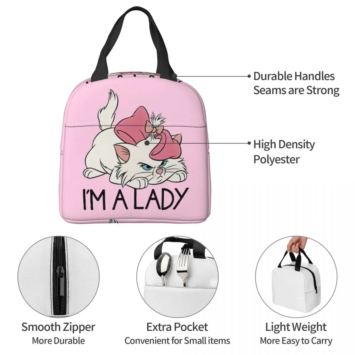 I\'m A Lady Marie Aristocats Cute Cats Insulated Lunch Bag Large Lunch Container Cooler Bag Tote Lunch Box Picnic Food Handbags