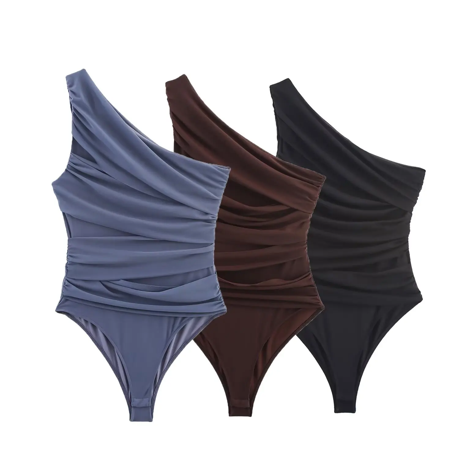 

2025 New Spring/Fall Fashion Asymmetrical Pleated Sexy One-Shoulder Mesh Jumpsuit Women's High-Waisted Shorts Polyester