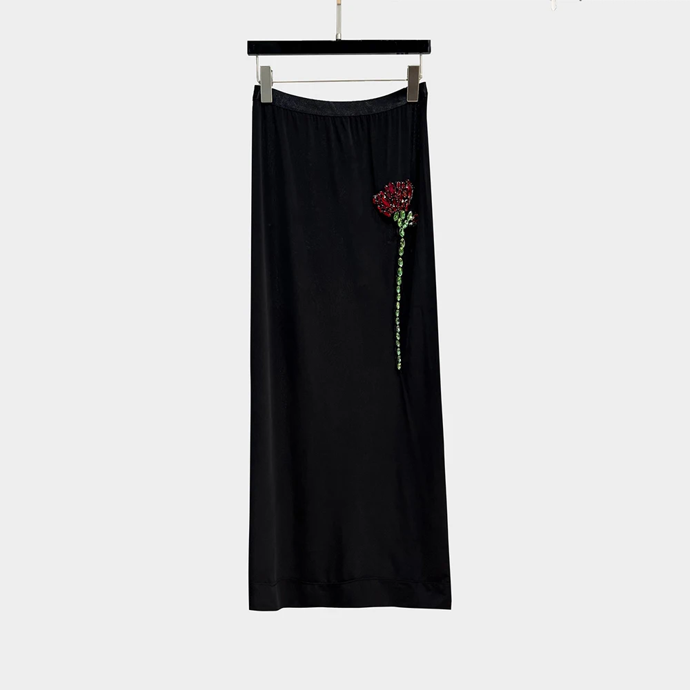

Rhinestone Flower Decoration Women Skirt Y2k Stretch Slim Temperament Peplum High Waist Straight Skirt 2025 Early Autumn New