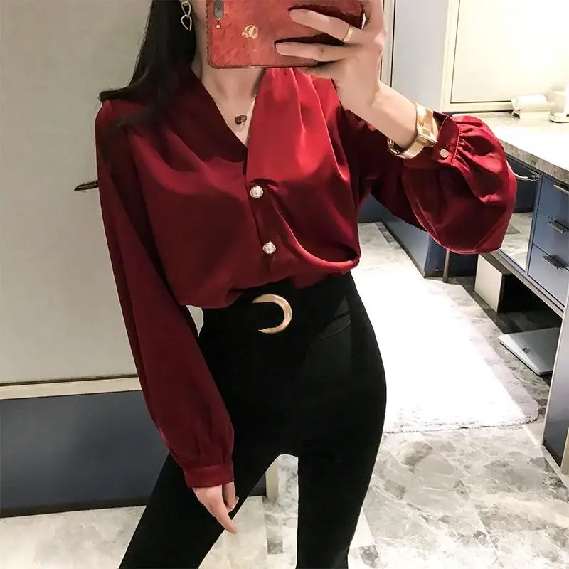 Women Clothing Vintage V Neck Shirt Tops Long Sleeve Solid Color Loose All-match Fashion Blouse Spring Autumn New Elegant Korean