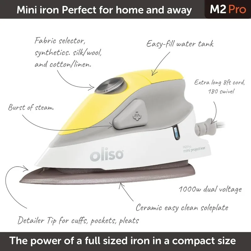 Oliso M2 Mini Project Steam Iron with Solemate - for Sewing, Quilting, Crafting, and Travel | 1000 Watt Dual Voltage Ceramic