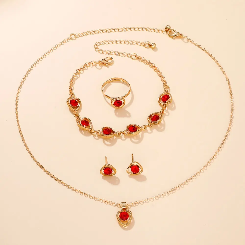 6PCS Set Red Luxury Quartz Watch Women Ring Necklace Earring Rhinestone Fashion Wristwatch Casual Ladies Bracelet Watches