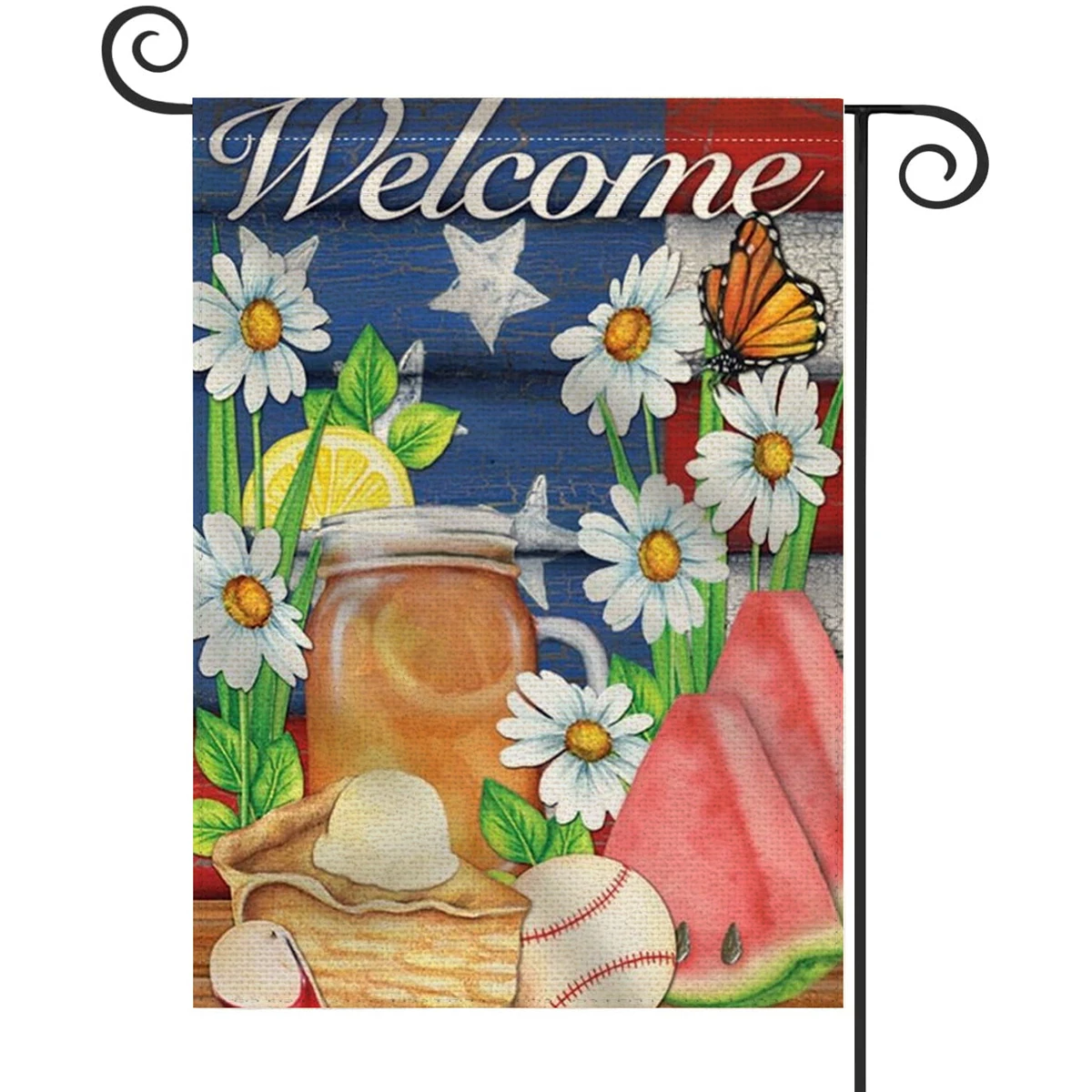 1PC  Afternoon tea Pattern Linen Cotton Garden Flag Banner Indoor Outdoor Home Garden Hanging Decor