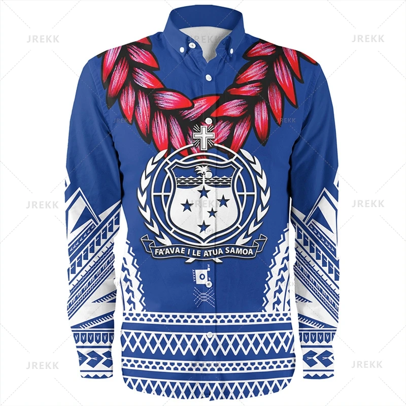 Small Size Vintage 3D Printing Polynesian Samoa Emblem Long Sleeve Shirts Men Samoa National Patterns Graphic Lapel Blouse Tops