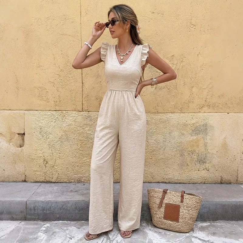 2026 New Solid Color Jumpsuit With Small Fly Sleeves Solid Color Casual Loose Comfortable Simple Fashion Back With Bow Jumpsuit