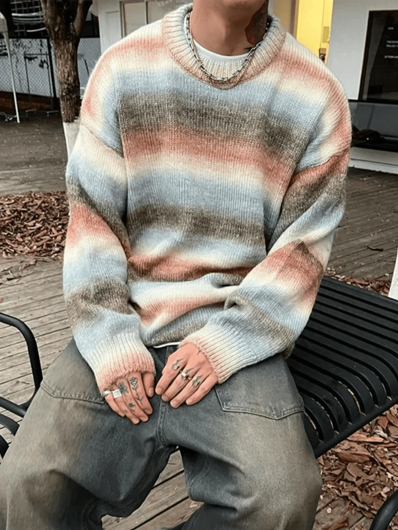 Gradient Striped Chunky Knit Crew Neck Sweater for Men, Soft Fluffy Wool Blend, Loose Fit Long Sleeve Top