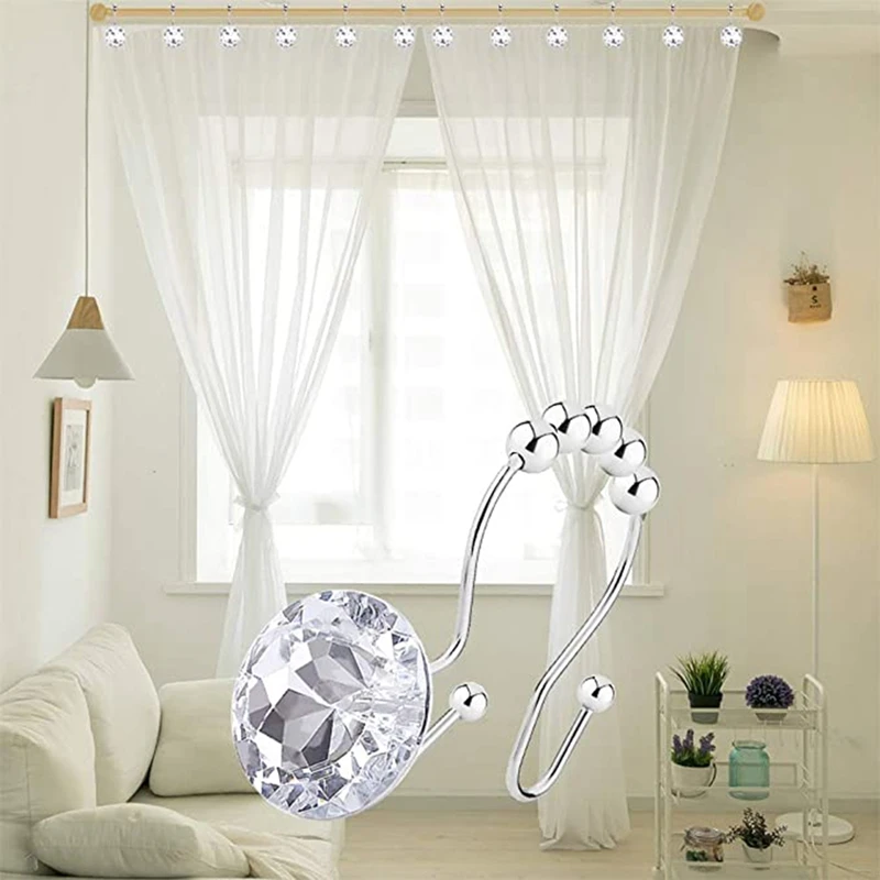 12PCS Shower Curtain Hooks Rings For Bathroom, Double Hooks Glide Anti Rust Crystal Rhinestones Hooks Rods Curtains