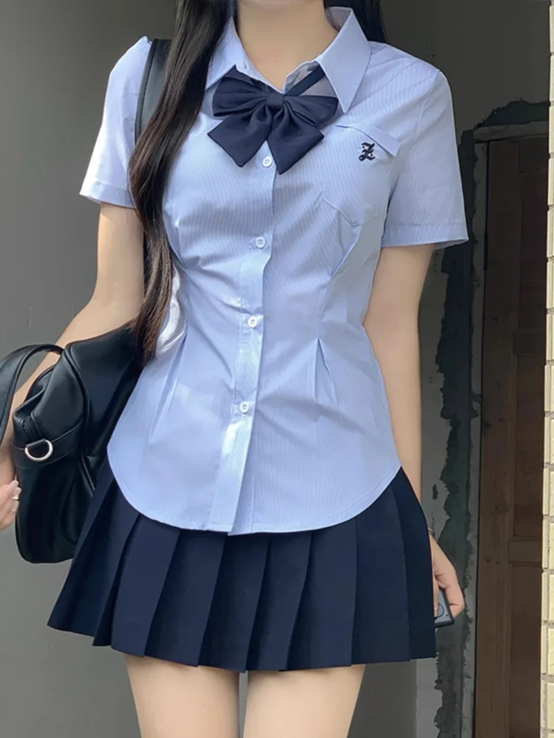 2024 New Japanese Preppy Style Waist JK Uniform Blue White Shirt Short Sleeve Top Mini Skirt Comfortable Slimming Suit For Women