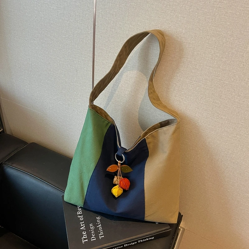 Color Block Canvas Shoulder Bag Women Large Capacity Tote Bag Casual Fruit Pendant Sling Bag Ladies Daily Shopping Handbag