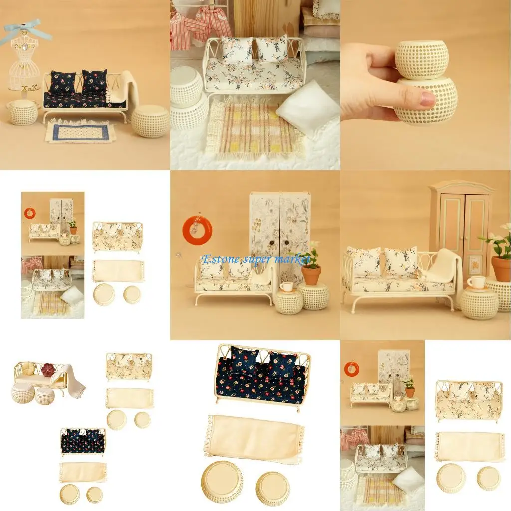 

090B 1/12 Doll House Miniature Couch Set With Fabric Cushion Children Educational Toy