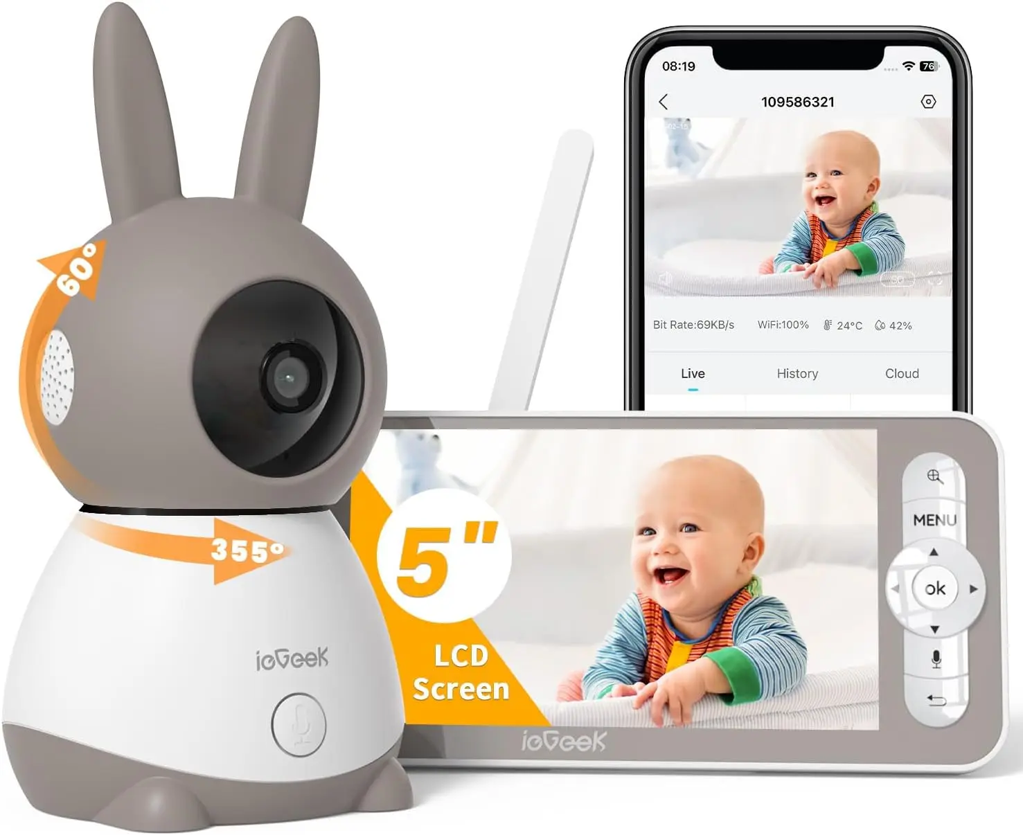ieGeek Baby Monitor 2K con schermo da 5", 360 ° Telecamera per bambini con funzione PTZ, visione notturna, rilevamento del movimento, audio bidirezionale e sensore di temperatura e umidità, ideale