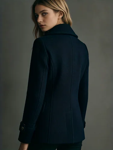 Imagen 2 del producto Abrigo de tweed azul marino de doble botonadura para mujer, chaqueta corta de invierno con cuello de solapa