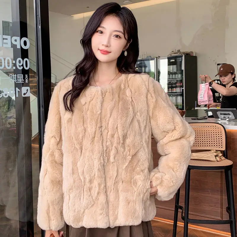 Cappotto in vera pelliccia di coniglio Giacca invernale da donna Stile ampio Manica lunga in pelliccia naturale Bolero Abbigliamento da donna Capispalla pelosi femminili