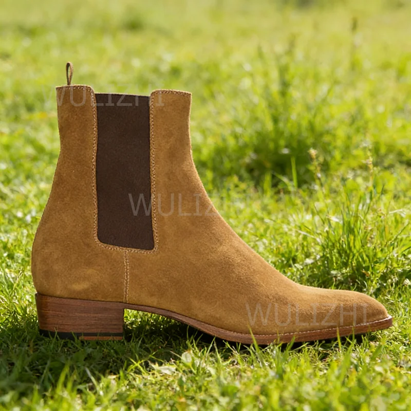 Botas masculinas de camurça marrom estiramento de couro preto casual tornozelo bezerro botas meninos legal dedo do pé redondo conciso desportivo cinza retalhos sapatos