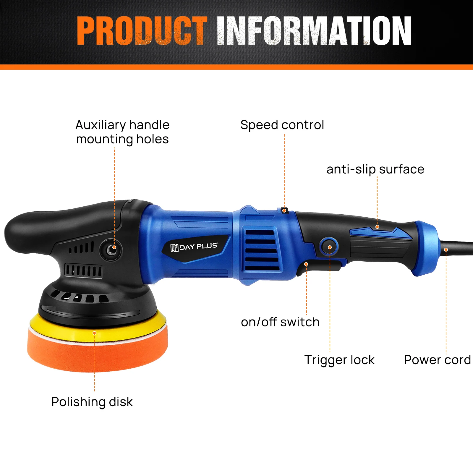 Tampone per lucidatrice elettrica da 920 W a doppia azione, orbitale casuale, piastra da 120 mm, 6 velocità variabile 2800-5800 giri/min, tampone in spugna, tampone in lana