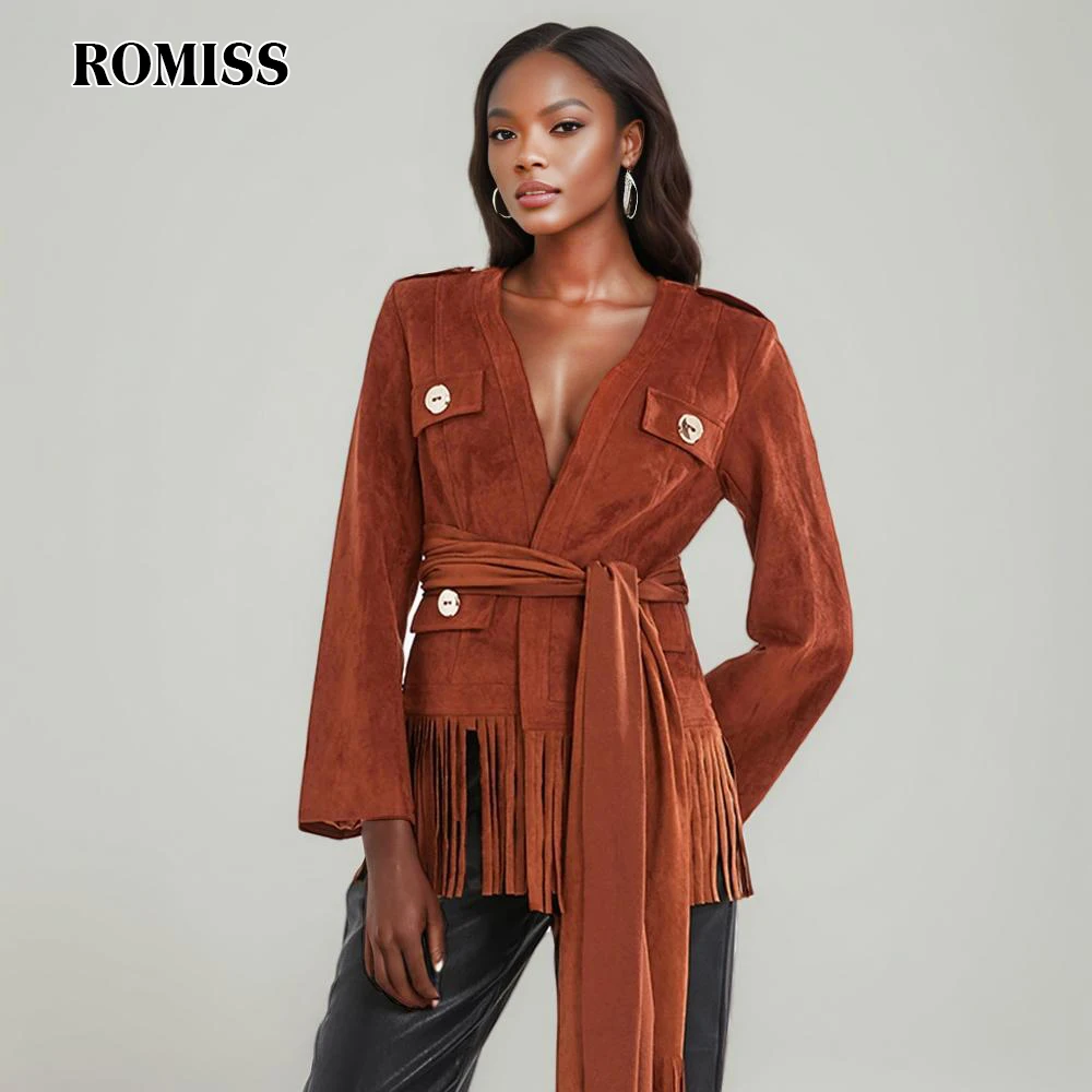 ROMISS Vintage Patchwork Tassel Coat For Women V Neck Long Sleeve Solid Irregular Hem Jackets Female Fashion Clothing 2024