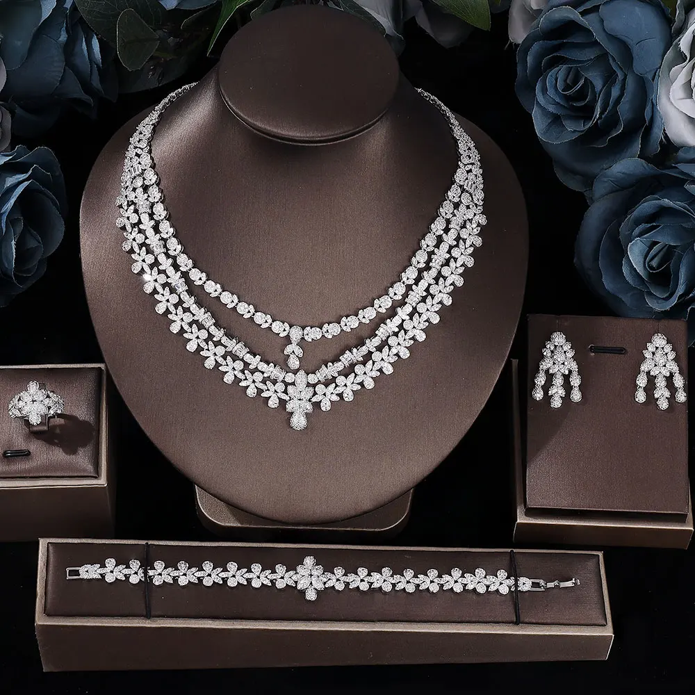 

Exquisite Zirconia Luxury Bridal Jewellery Set CZ Popular Qatar Modern Elegant Women Large Wedding Necklace and Earrings Sets