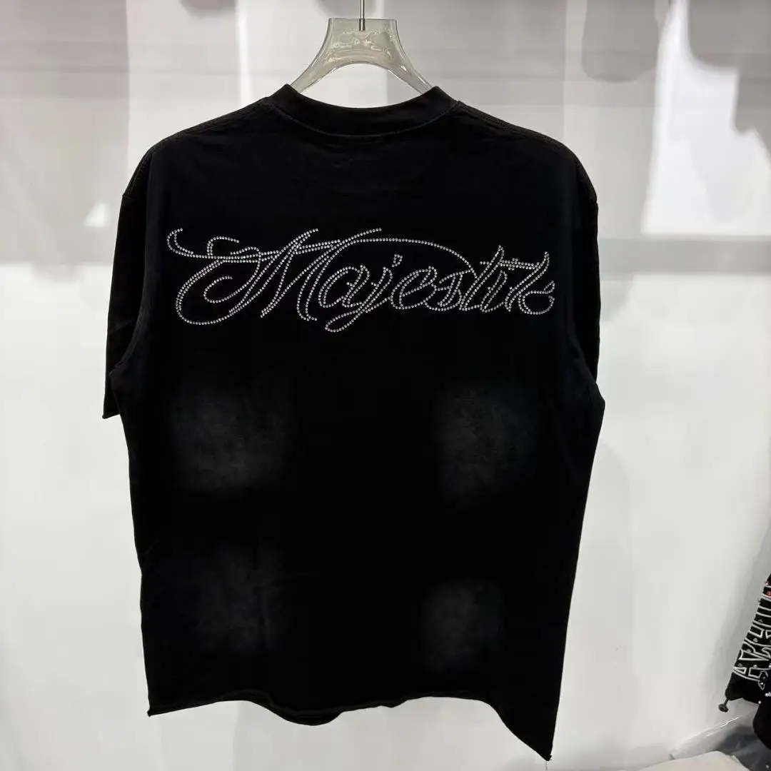 Vintage Washed Majestik T-Shirt Men Oversized Rhinestone Skeleton Racer Graphic Tees Bootleg Streetwear Trophy Racing Prin Tops