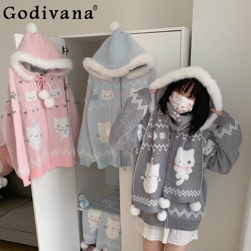 

Original Cute Girl's Knit Hooded Cardigan Autumn Winter New Christmas Party Y2K Knit Jacket Girl's Women's Loose Knitted Coats
