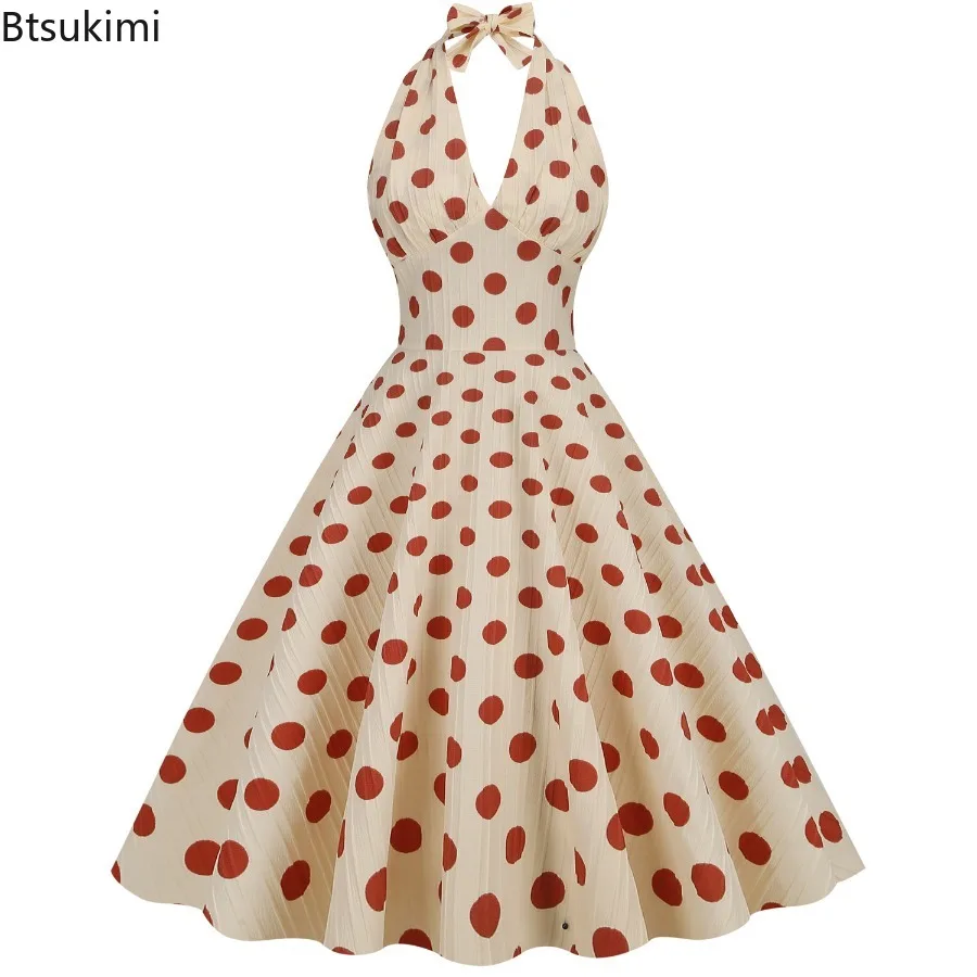 Nouveau 2025 femmes d'été à pois Rockabilly robe Vintage licou col en v profond sans manches dos nu robe de plage décontractée pour les femmes