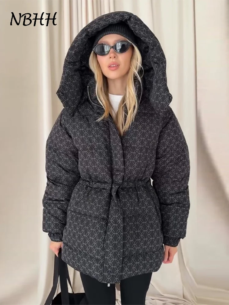 

Fashion Printed Women's Winter Down Jacket With Hood Zipper Slim Long Sleeve Warm Thicken Quilted Padded Jackets Lady Outerwears