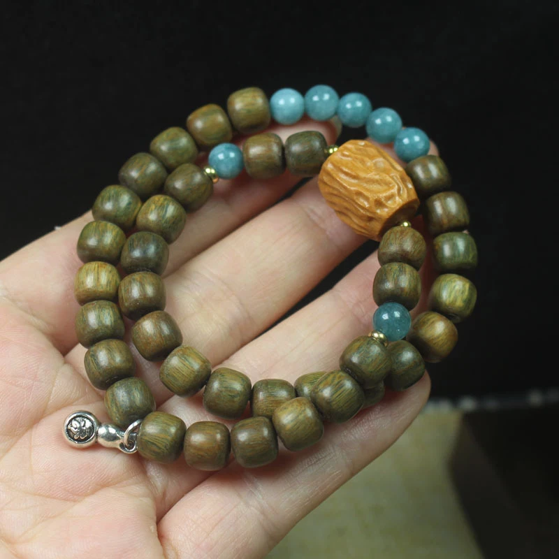 Green sandalwood with a light fragrance, double-loop vintage-style bead bracelet, natural-shaped sandalwood Buddhist prayer bead