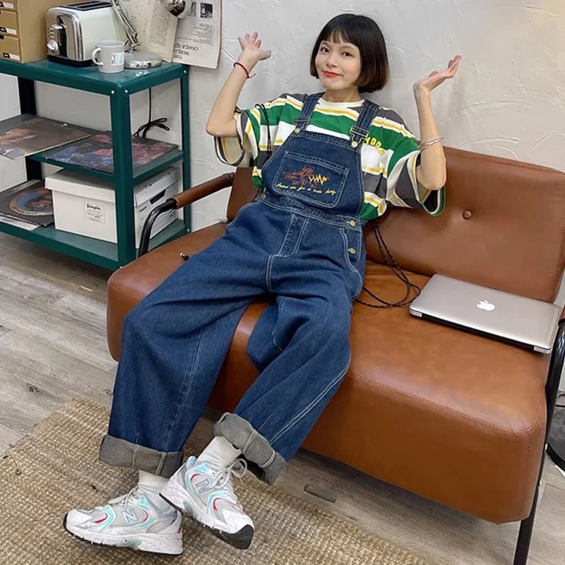 2024 Embroidered Jean Jumpsuits Women New Vintage Baggy Denim Overalls High Street Straight Loose Wide-leg Pants Female