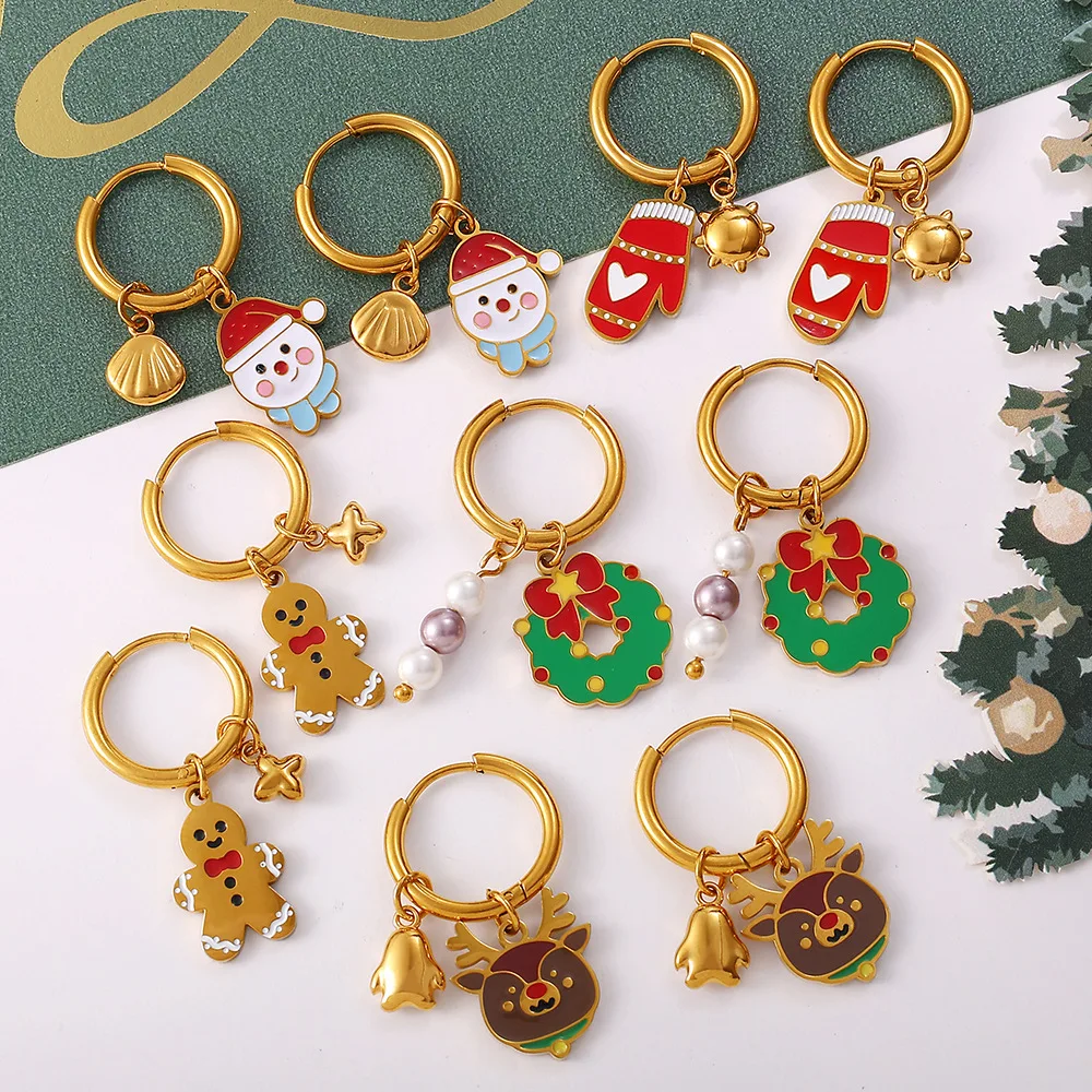 Christmas style Elk Earrings Oil Drop Snowman Santa Stainless Steel for WomenFestive Accessories