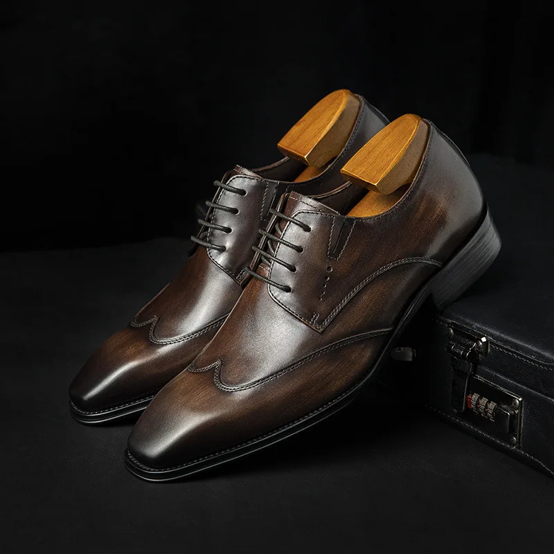 Derby Leather Shoes for Men, Handmade Brushed High-End Business Formal Wear, Carved Blok Lace Up Professional Men's Shoes