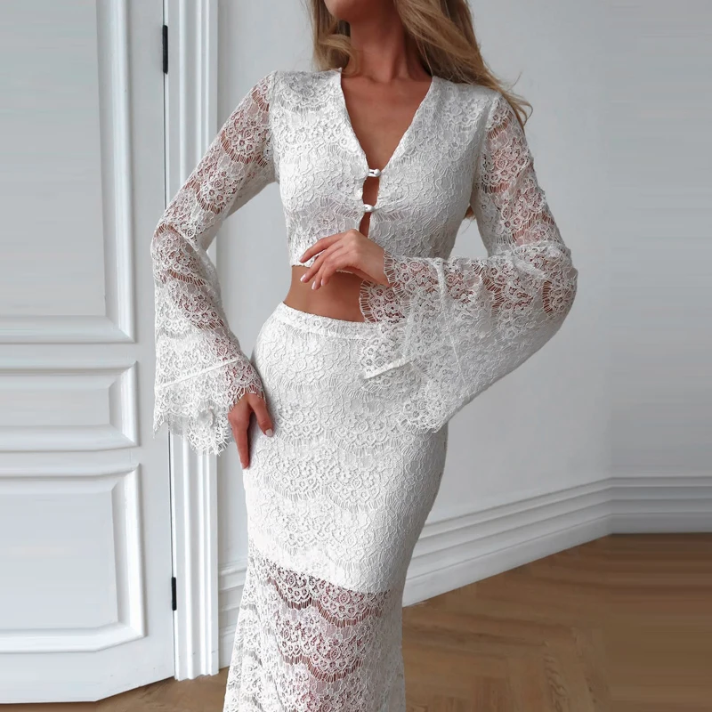 Fashion Lace Solid Color Commute Sets Elegant High Waist Slim Vacation Two Piece Sexy V-neck Long Sleeve Crop Tops&Skirts Sets