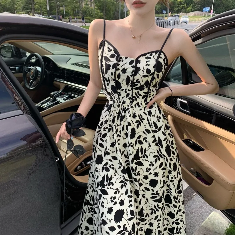 2024 Women's Summer Pullover One Line Neck Spliced Retro Floral Zipper Folds Fashion and Elegant Waist Strap Sleeveless Dress