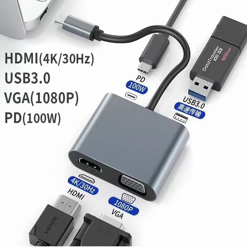 

4K@30HZ Type C plug to HDMI-compatible USB C 3.0 VGA PD100w Adapter Dock Hub cable for Laptops/Tablets/Mobile Phones Projector