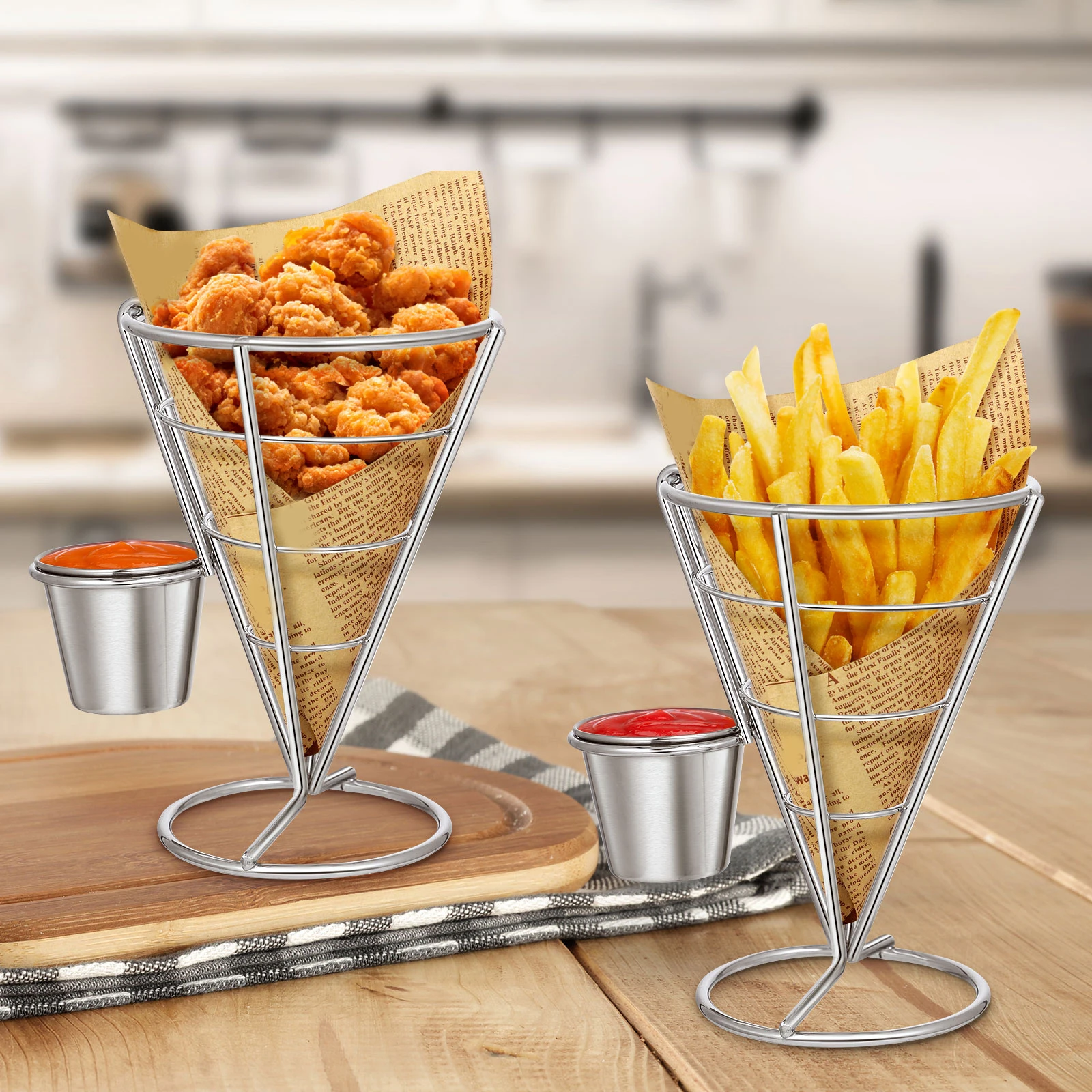 

French Fries Stand Stainless Steel Fry Cone Basket Food Display Snack Appetizer Serving Rack Wire Basket Holder