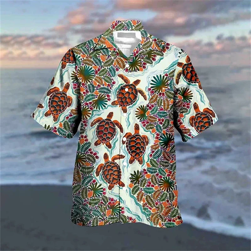 

Men's Shark Turtle Print Shirt Summer Animal Plant Pattern Man Shirts Hawaii Beach Short Sleeve Shirt Men Vacation Casual Shirt