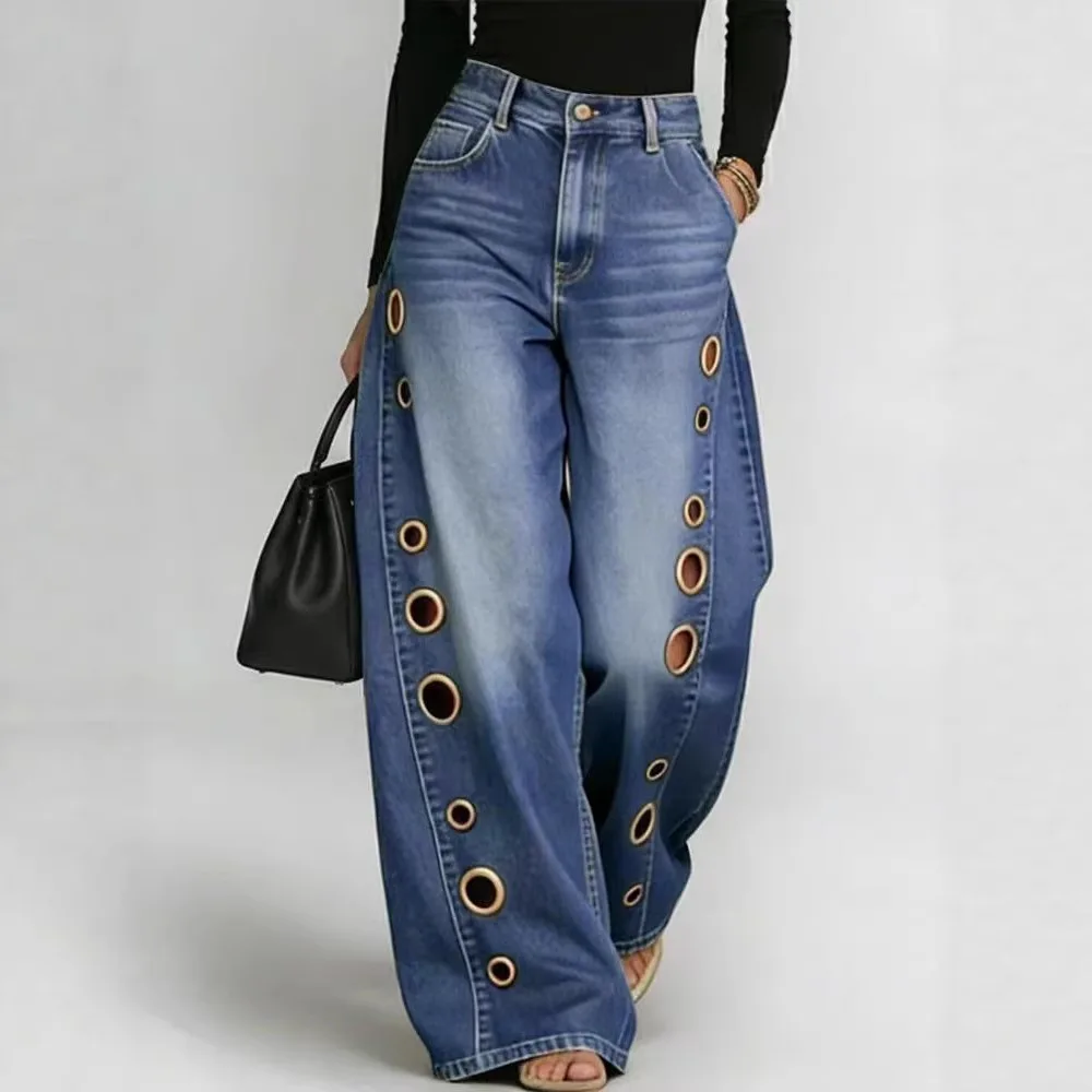 Women High Waist Hollow‑Out Wide Leg Jeans Retro Gradient Loose Denim Trousers Fashion Street Style Hole Design Long Pants