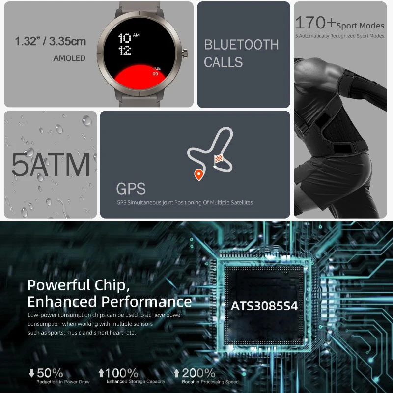 Rainbuvvy DM76 GPS Sports Smart Watch 1.32'' AMOLED Screen 5ATM Waterproof Wrist Watch 360mAh Battery Elevation Pressure Compass