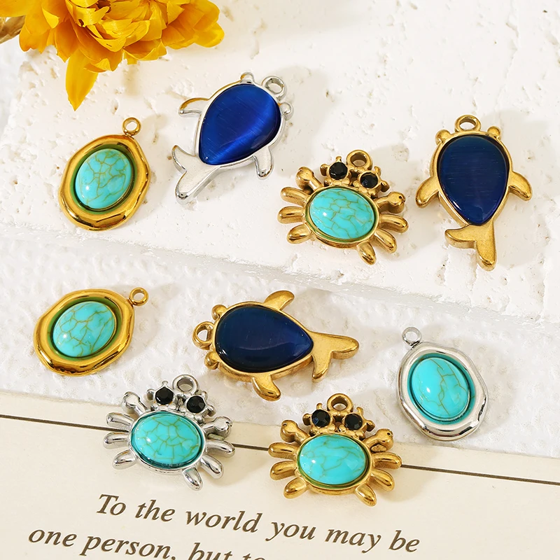 5pcs Stainless Steel Cute Blue Fish Turquoise Crab Charms for DIY Necklace Earring Jewelry Making Bag Chain Pendant Accessories - view 3