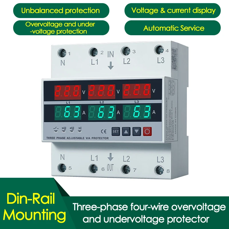 100A/63A 3 Phase 4 Wire Din Rail Adjustable Over Under Voltage Current Limit Protection Relay Protector Voltmeter Ammeter